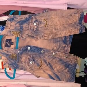 Denim Bleached Vest with Studded Details - Blue and Pink